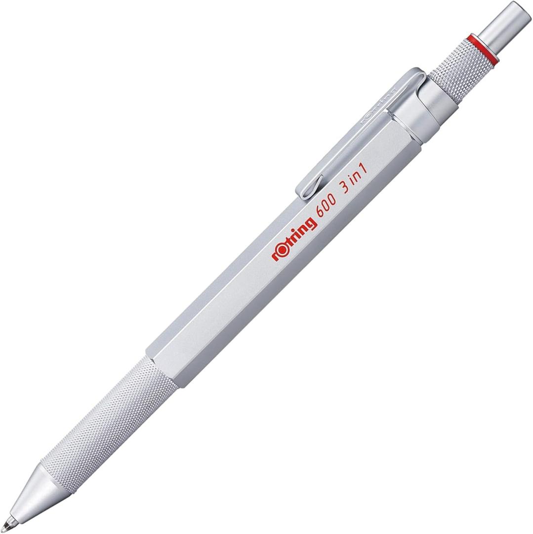rOtring 600 3-in-1 Multicolor Pen and Mechanical Pencil, Switches Between 2 Ballpoint Pen Fine Point Tips (Black and Red Ink) and 1 Mechanical Pencil Tip (0.5mm Lead), Silver Barrel