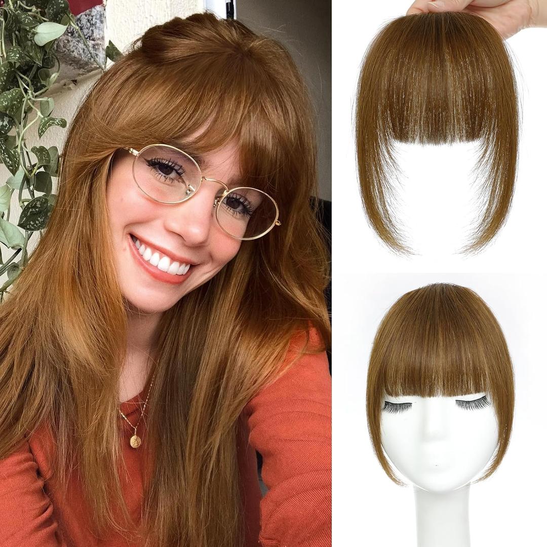 MEDO Clip in Bangs, Light Brown Human Hair Bangs Clip on, French Bangs Fringe with Temples Hairpieces for Women, Natural Faux Bangs for Women