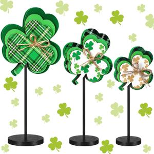 3 Pcs Large St Patrick's Day Shamrock Wooden Block Set Wood Clover Standing Table Sign Irish Decor Clover Table Centerpieces Irish Shamrocks Ornaments for Home Farmhouse Office Kitchen(Stylish)