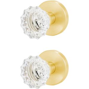 Glass Crystal Door Knobs, Dummy Door Lever, Interior Door Handle Single Sided Decorative for Hall Closet, Gold Round Zinc Alloy Base Doorknobs, 2 Pack (Stain Brass, Dummy)