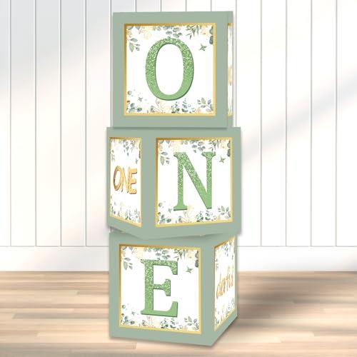 Racenaf 1st Birthday Boxes Decorations - 3Pcs Sage Green and Gold Miss Onederful Balloons Boxes for Girls One Year Old Party Cardboard Box Decor, 1st Birthday Party Supplies
