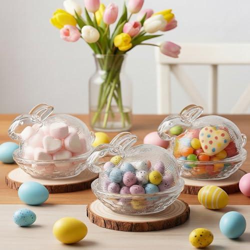 Remerry 2 Pcs Easter Candy Dish Glass Bunny Candy Bowls with Lid Cute Clear Rabbit Cookie Jars Decorative Desserts Storage Containers for Home Easter Spring Party Gift Table Decoration