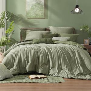 Monbix King Size Comforter Set, Sage Green King Size Bed Set Reversible 7 Pieces, Cationic Dyeing Bed in a Bag with Comforter, Sheets, Pillowcases & Shams