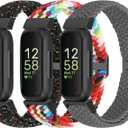 WolliLe Braided Watch Bands Compatible with Fitbit Inspire 3/Inspire 2/Inspire/Inspire HR/Fitbit ace 3/Ace 2, Soft Adjustable Nylon Loop Elastic Strap Sport Replacement Wristbands for Women Men (Starlight Black+Official Rainbow+Space Gray)