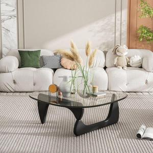 Triangle Coffee Table in Walnut Mid Century Modern Solid Wood Base and Triangle Clear Glass Coffee Table for Living Room Low Minimalist Tea Table Coffee Tables (32.3 * 22.4 * 16, Black Transparent) (Black/Transparent 8)