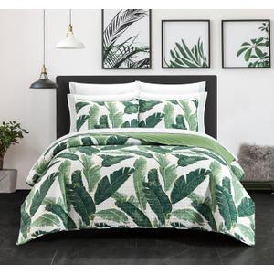 Chic Home Palm Springs 9 Piece Quilt Set Stitched Palm Tree Print Bed in A Bag - Sheet Set Decorative Pillow Shams Included, Queen, Green