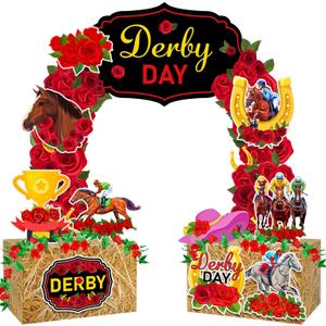 Gersoniel 15 Pcs Derby Day Horse Party Decoration Kit Derby Party Supply 6.6 ft Red Rose Arch Backdrop 2 Rose Garland 10 Horse Racing Cardstock Cutout 2 Hay Box Centerpiece for Race Day Celebration