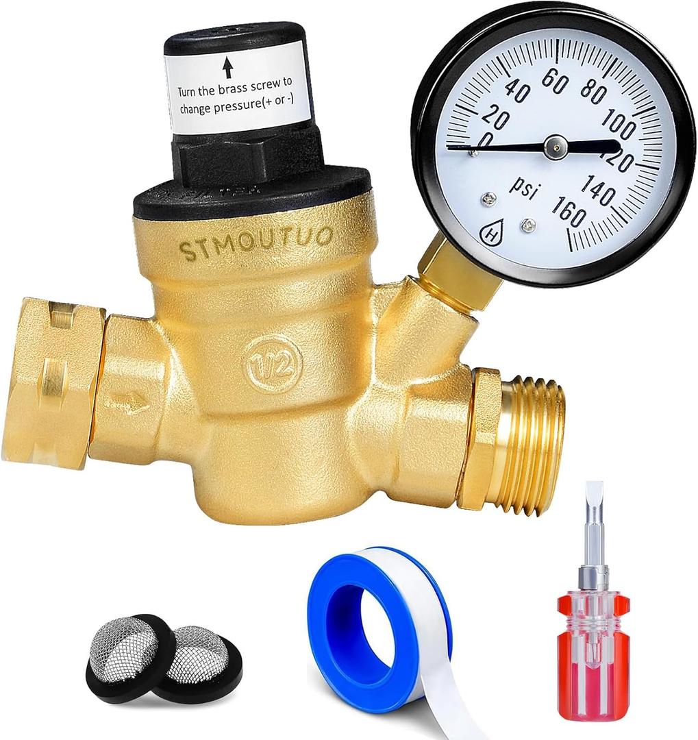 STMOUTUO RV Water Pressure Regulator, Brass Lead-Free Adjustable Water Pressure Reducer with Pressure Gauge, includes 2-in-1 Screwdriver, 2 Strainers, Raw Tape for RV Camper and Travel Trailer, Yard.
