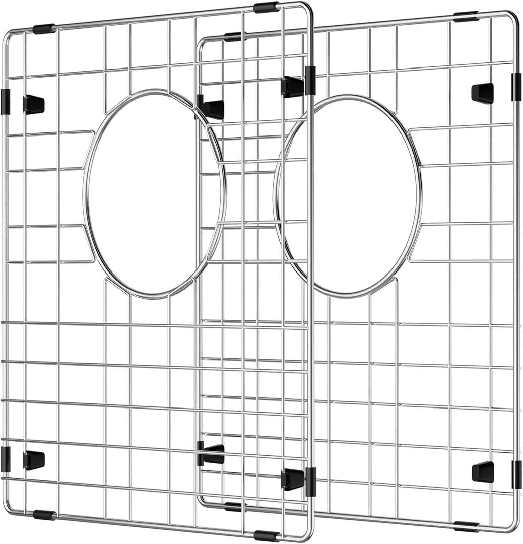 Sink Rack,Sink Protectors for Kitchen Sink,Stainless Steel Sink Grid for Bottom of Sink,Metal Sink Grate with Strainer,Rear Drain for Double Bowl with Corner Radius,13"X 15",2 Packs