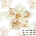 QIHANS 24 Pcs Christmas Poinsettia Flowers Artificial with Clips, 5.9" Christmas Decor Glitter Poinsettia Flowers for Christmas Tree New Year Wedding Party Wreath DIY Garland Decor (Gold)