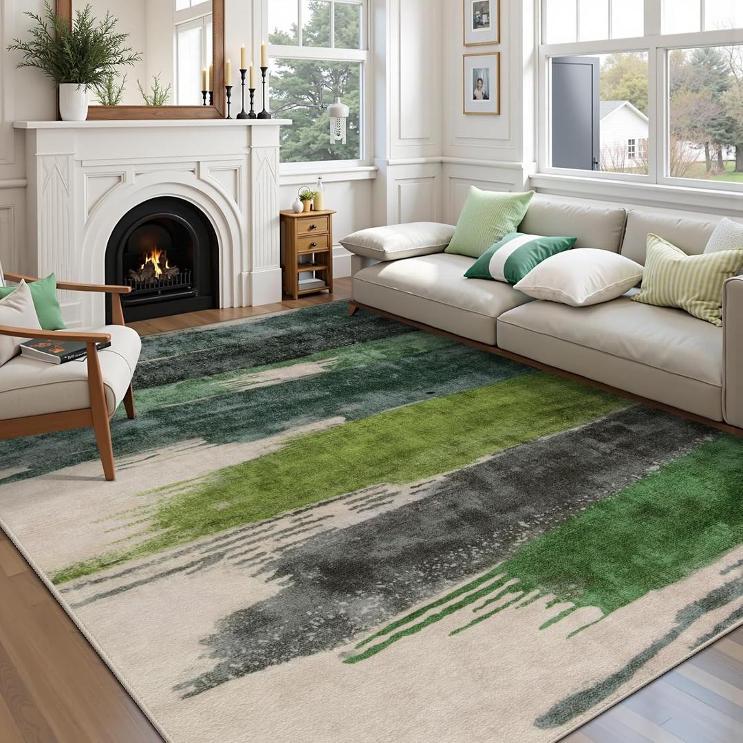 Ciicool Modern Abstract Green Rug for Living Room, 8'x10' Machine Washable Area Rug Non-Slip Rug, Low-Pile Contemporary Indoor Dining Floor Carpet for Bedroom Office Under Table Home Decor