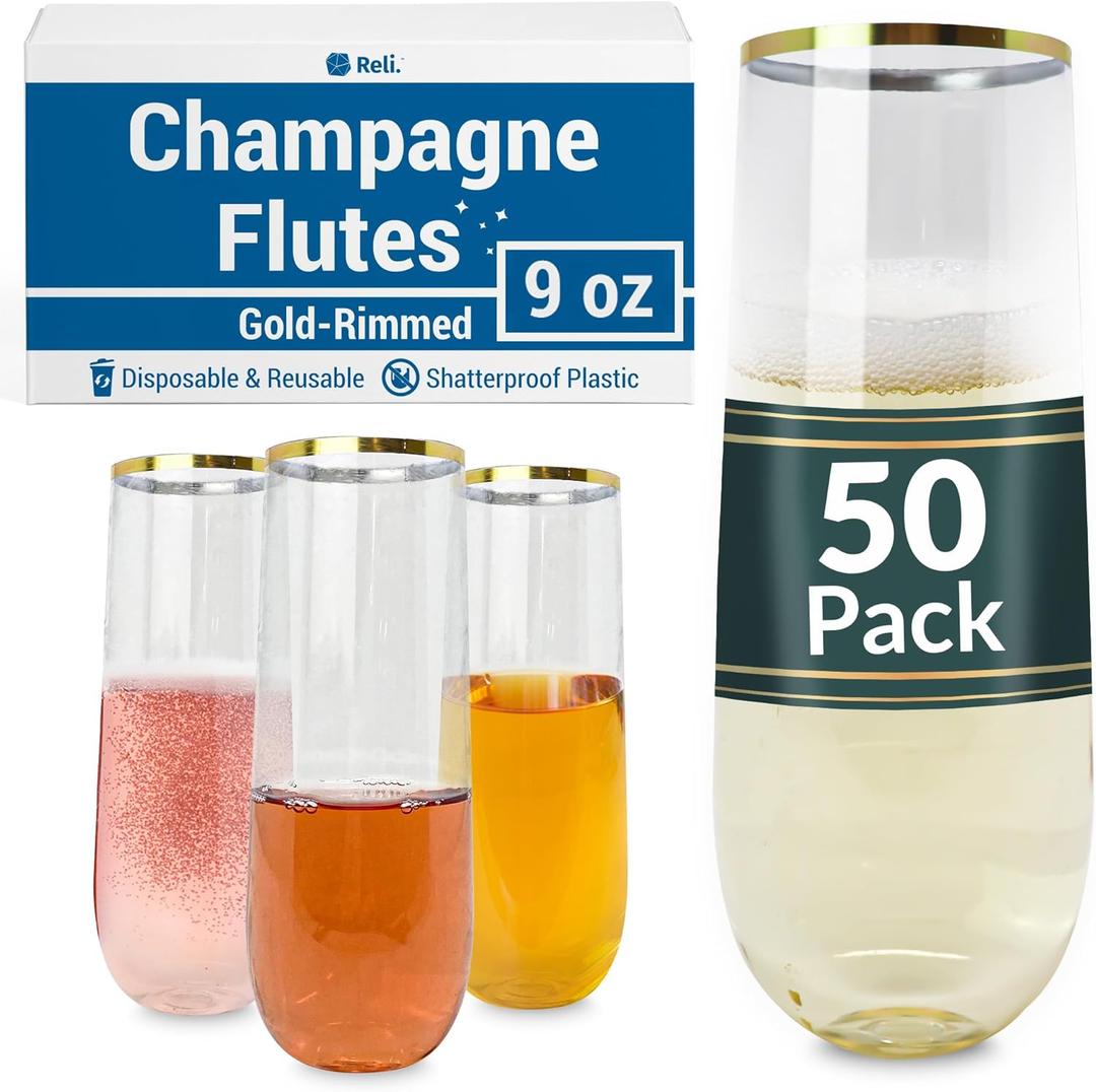 Reli. Plastic Champagne Flutes (50 Pack, 9oz) Clear w/Gold Rim, Stemless | Disposable Champagne Flutes for Champagne, Mimosa, Cocktail, Wedding | BPA-Free Champagne Glasses Plastic, Shatterproof