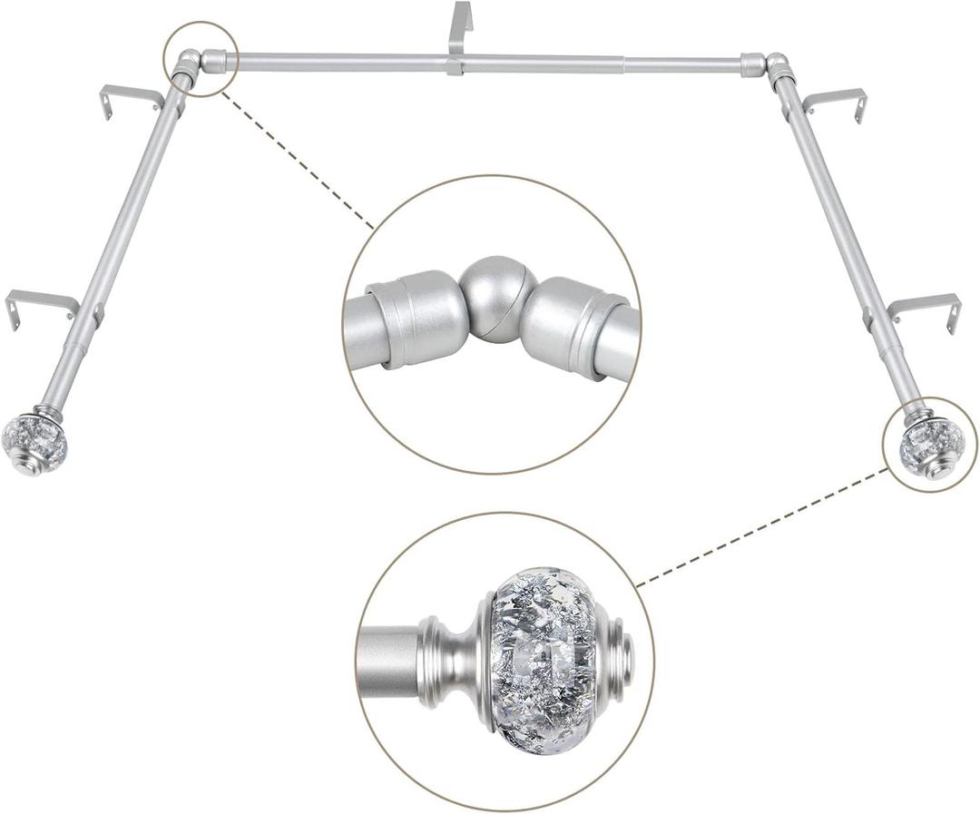 3/4 Inch Bay Window Curtain Rods, USFOOK Telescoping Silver Curtain Rods for Bay Windows 36 to 72 Inches (Center Rod), 20 to 36 Inch (Side Rods), Translucent Finials