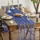Artoid Mode 6PCS Blue Gold Gauze Table Runner 120 Inch 10FT, Glitter Metallic Foil Sheer Dining Wedding Anniversary Holiday Table Decor for Home Party