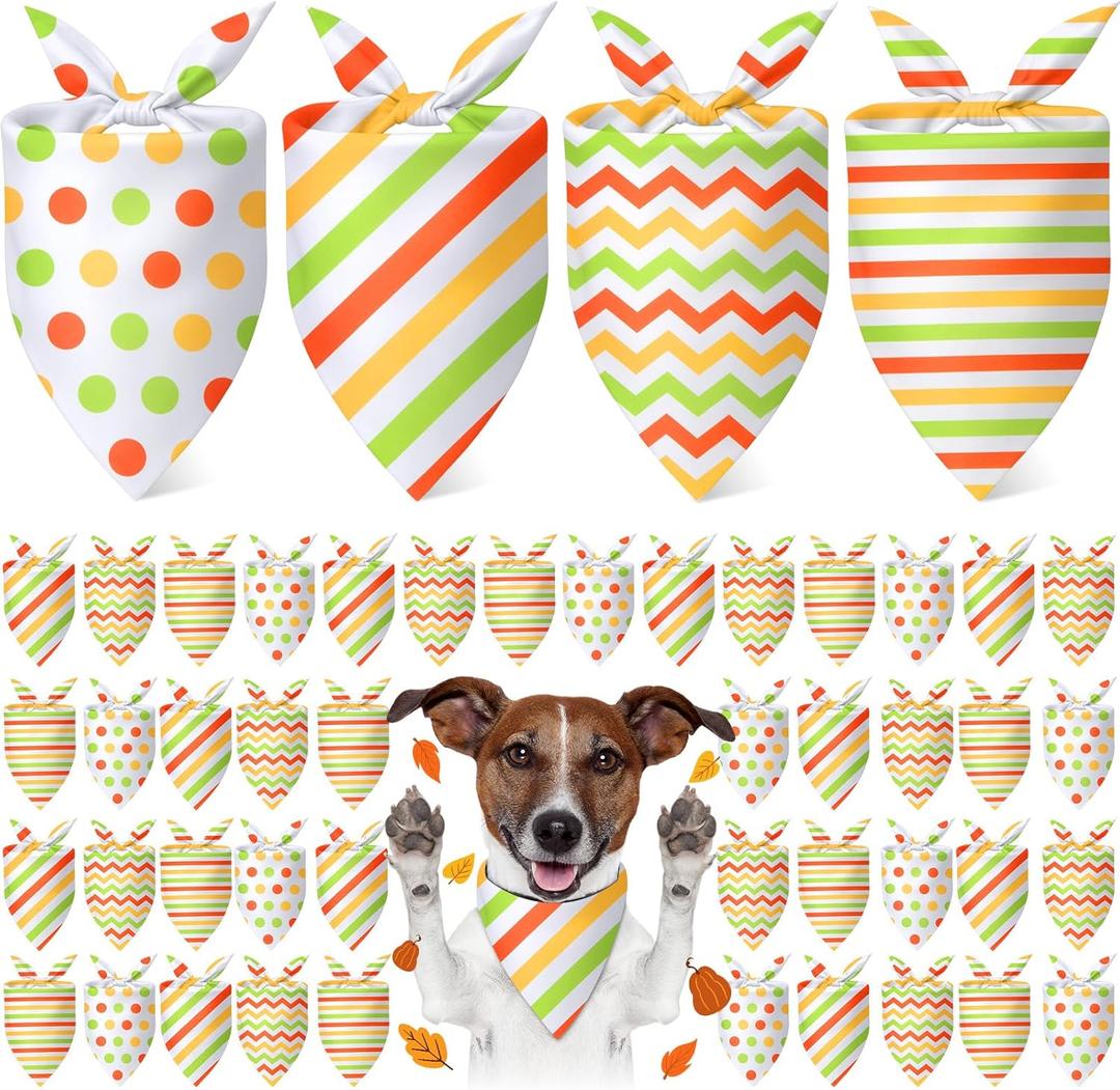 48 Pcs Thanksgiving Dog Bandanas Bulk Polka Dot Stripe Bandanas for Dogs Triangle Kerchief Bibs Scarf Set for Pet Fall Autumn Costume Photo Props Accessories Pet Shops Groomers, 4 Styles