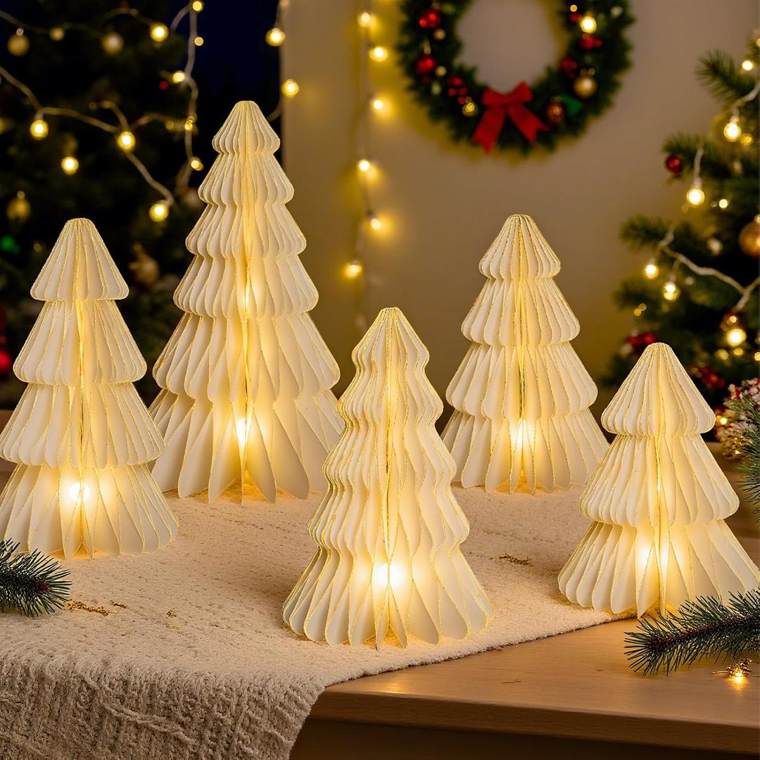 5 Pcs Christmas Table Decorations Indoor, 3D Honeycomb Paper Christmas Trees, Light Up Vintage Table Centerpieces for Christmas Winter Wonderland Holiday Party Weddings Home Decor, 8/10/12 Inch (White)