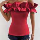 OYOANGLE Women's Ruffle Trim Off Shoulder Short Sleeve Blouse Party Tops Shirt (Red, M)