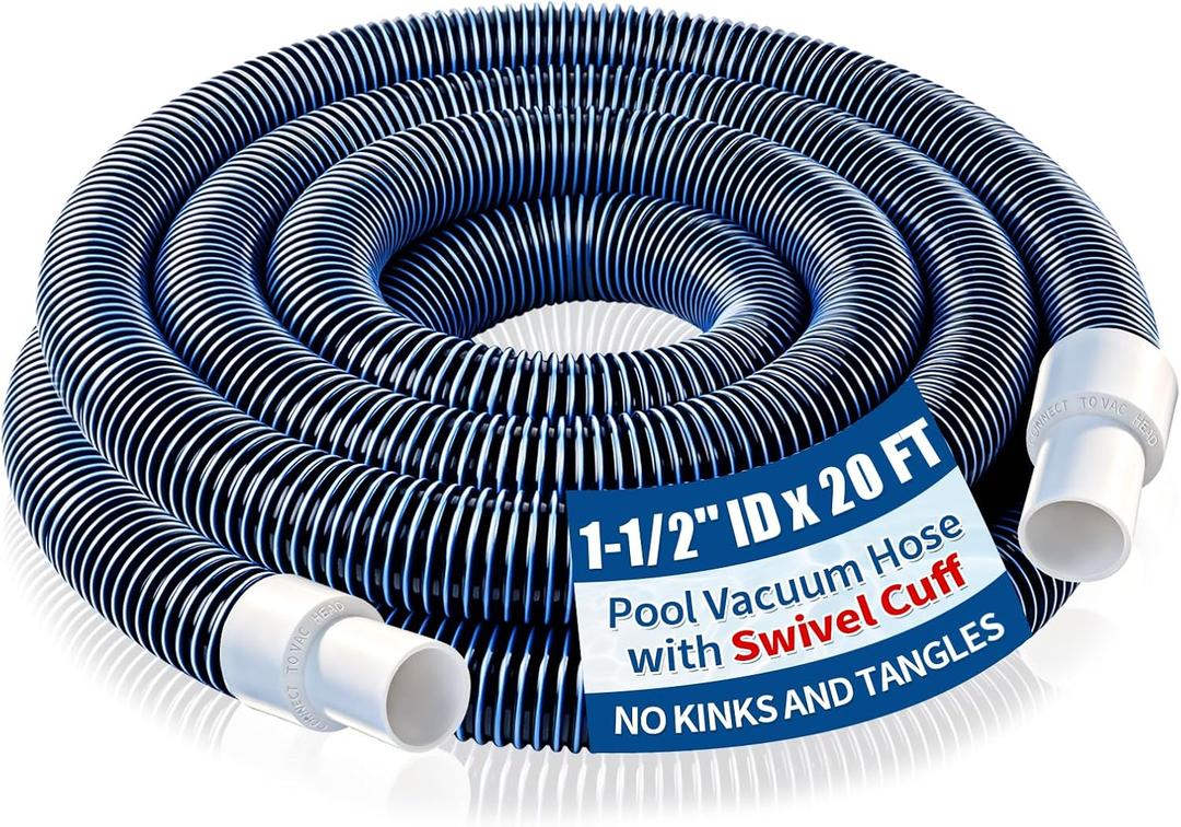 1-1/2 Pool Vacuum Hose With Swivel Cuff, 20FT x 1.5 Inch Pool Cleaner Hose | Flexible Cleaner Hose; Above Ground & Inground Pools; Pool Vacuum & Skimmer Systems; Kink Reduction; PE/EVA Construction
