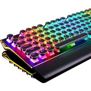 RK ROYAL KLUDGE S108 Typewriter Keyboard, Retro Mechanical Gaming Keyboard Wired 108 Keys with RGB Backlit Sidelight, Detachable Wrist Rest, Round Keycaps Blue Switches - Black