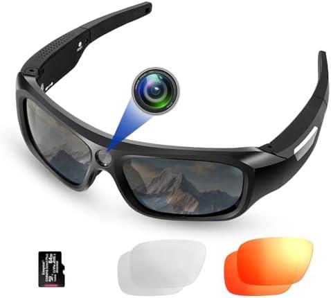 FlyGift 4K 2160P FHD Sports & Action Video Camera, Camera Sunglasses with UV400 Protection Polarized Lenses+Clear/Dazzle Yellow Lens for for Outdoor Sports(64GB TF Card Included)