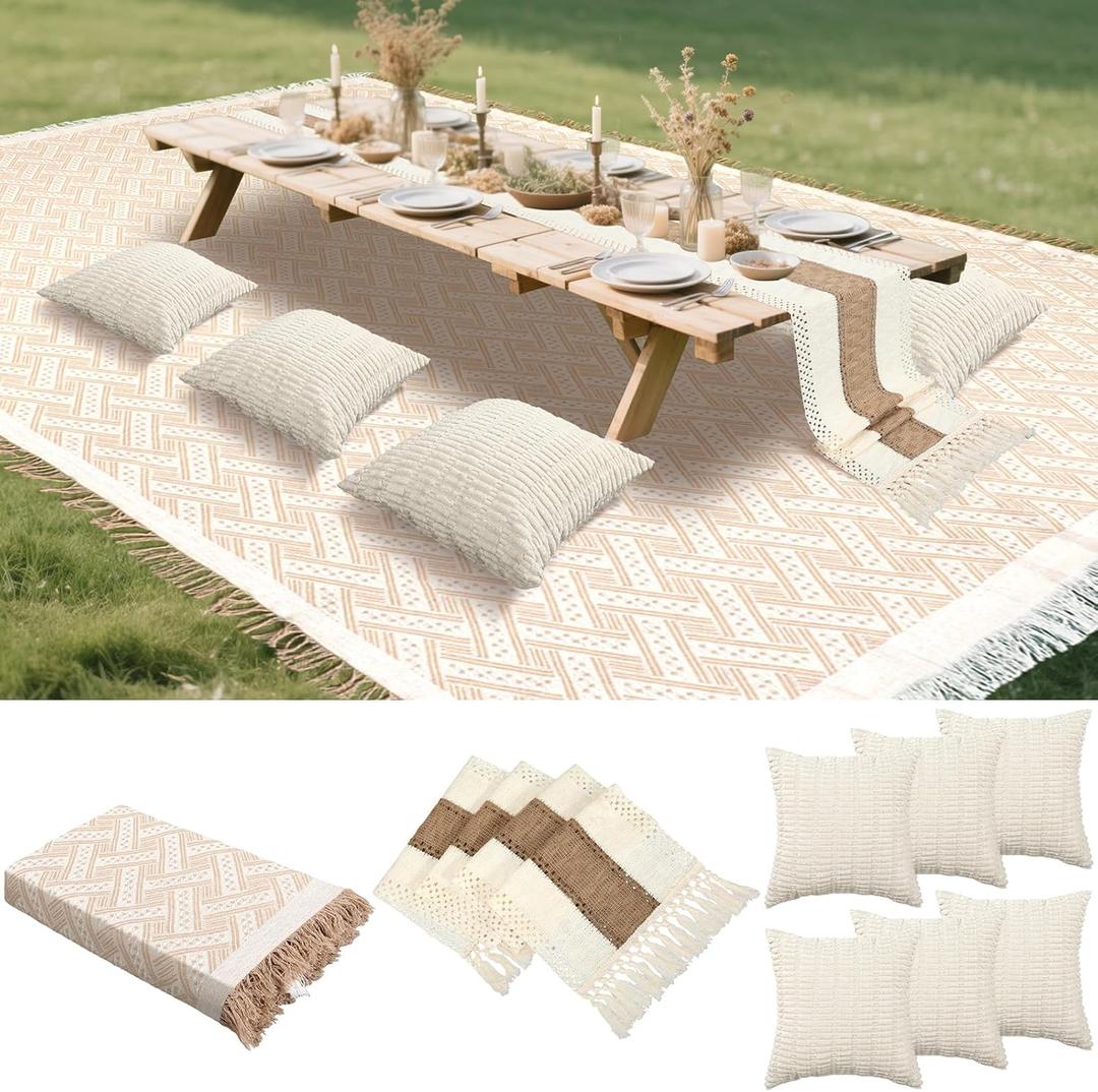 91 x 71 Extra Large Outdoor Boho Picnic Blanket with Beige White Table Runner and 6 Throw Pillow Covers Woven Cotton Yarn Oversize Beach Blanket Washable for Summer Picnic Camp Beach Wedding