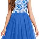 Arshiner Girls Dresses Summer Square Neck Ruffle Sleeve Formal Party Birthday Tulle Dress 13-14 Years (Blue Flower)