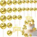 Teenyyou 24 Pcs Disco Ball Cupcake Toppers Happy Birthday Cake Topper 1970s Retro Cake Decorations Shiny Pink Mini Disco Ball Toppers for 70s 80s Theme Party Supplies(Gold)