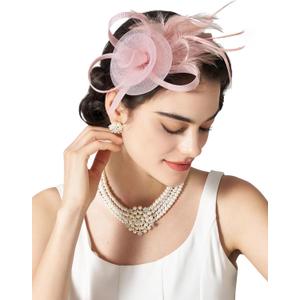 SWEETV Tulle Fascinators for Women, Tea Party Hats for Kentucky Fascinators Derby, Cocktail, Wedding, Fancy Dress Party (Pink)