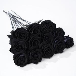12 Pcs Black Roses Artificial Flowers with Long Stem, Faux Silk Rose Bouquet Realistic Lifelike Fake Floral Bundles for Halloween Valentine's Day Wedding Party Table Centerpiece Decor, Large
