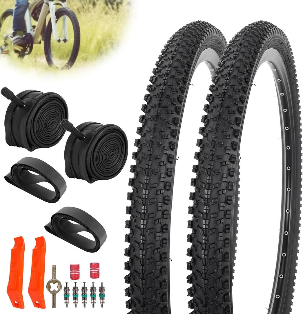 JIAYAN 24/26x1.95 Folding Replacement Bicycle Tires with Tire Levers and Tire Liners, 24''/26'' Mountain Bike Tire and Inner Tube for MTB Off-Road Bicycle