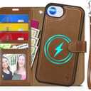 TUCCH Wallet Case for iPhone 16e, [Removable] 2 in 1 [Wrist Strap] [Wireless Charging] RFID Blocking 4 Card Slot PU Leather Cover, Magnetic Detachable Stand Folio for iPhone 16e (6.1"), Brown