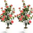 UPBUD Artificial Camellia Tree 2 Pack, 3.3FT Fake Camellia Plant with 30 Blooming Pink Flowers & Planter, Tall Faux Floral Plants Flower Trees for Indoor Modern Home Office Front Porch Floor Decor
