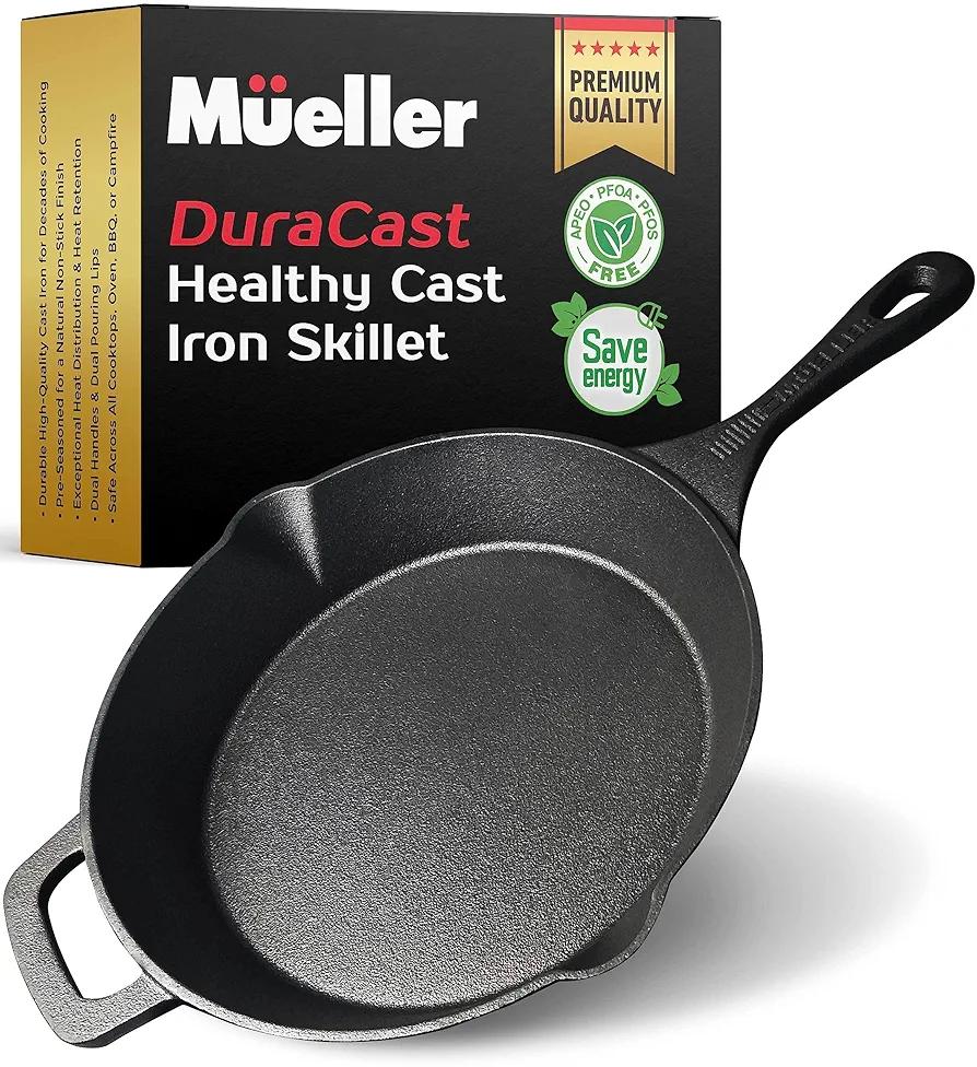 Mueller Heavy-Duty Cast Iron Skillet 10-inch, Pre-Seasoned Cast Iron Pan, Safe Across All Cooktops, Oven, BBQ, or Campfire, Handles & Dual Pouring