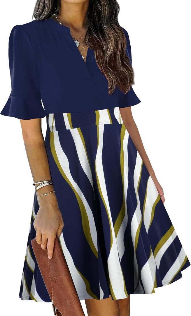 Mokayee Womens Summer V Neck Ruffle Short Sleeve Fit and Flare Knee Length Church Wedding Guest Dresses with Pockets (Small)