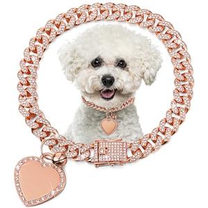 Hillban Dog Chain Gold-Plated Diamond Collar with Heart Rhinestones Jewelry Pet ID Tag Chain Heart Bling Collar with Personalized Name Tag for Small Medium Large Dogs Cats(Rose Gold, 8 Inch)