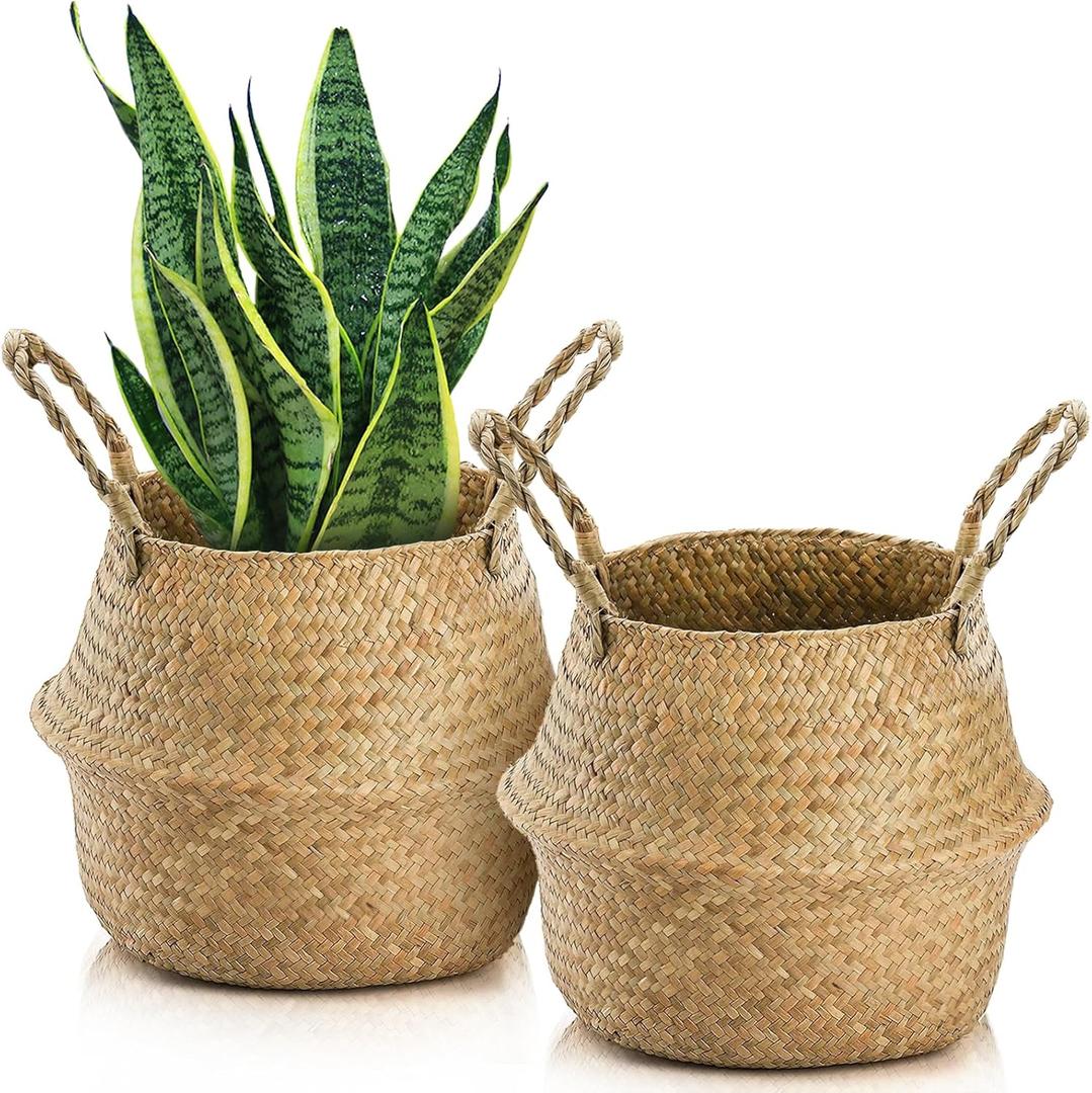Yesland 2 Pack Woven Seagrass Plant Basket with Handles, Ideal Wicker Baskets Storage Plant Pot Baskets for Laundry, Picnic, Plant Pot Cover, Beach Bag and Grocery Basket (L) (Brown)