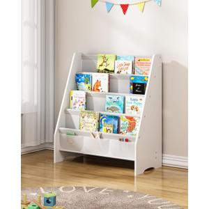 SEIRIONE Sturdy Kids Bookshelf, 4-Tier Book Shelf for Kids Room with Oxford Fabric-Nursery Room Playroom Classroom, Deep Slings to Keep Books Upright, Ideal Height for Toddler Age 3+, Matte White