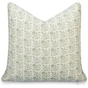 Crumbs Home Modern Farmhouse California Casual Indoor Outdoor Throw Pillow Cover, 20"x20" Water Repellent for Patio, Backyard, Couch, Poolside, Light Green Print Floral and Leaves Geometric