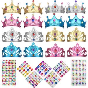 23/24 Packs Foam Princess Crowns and Tiaras, DIY Kit for Birthday Party Favors Hats with Crystal Diamond Sticker (Classic Colorful Style)