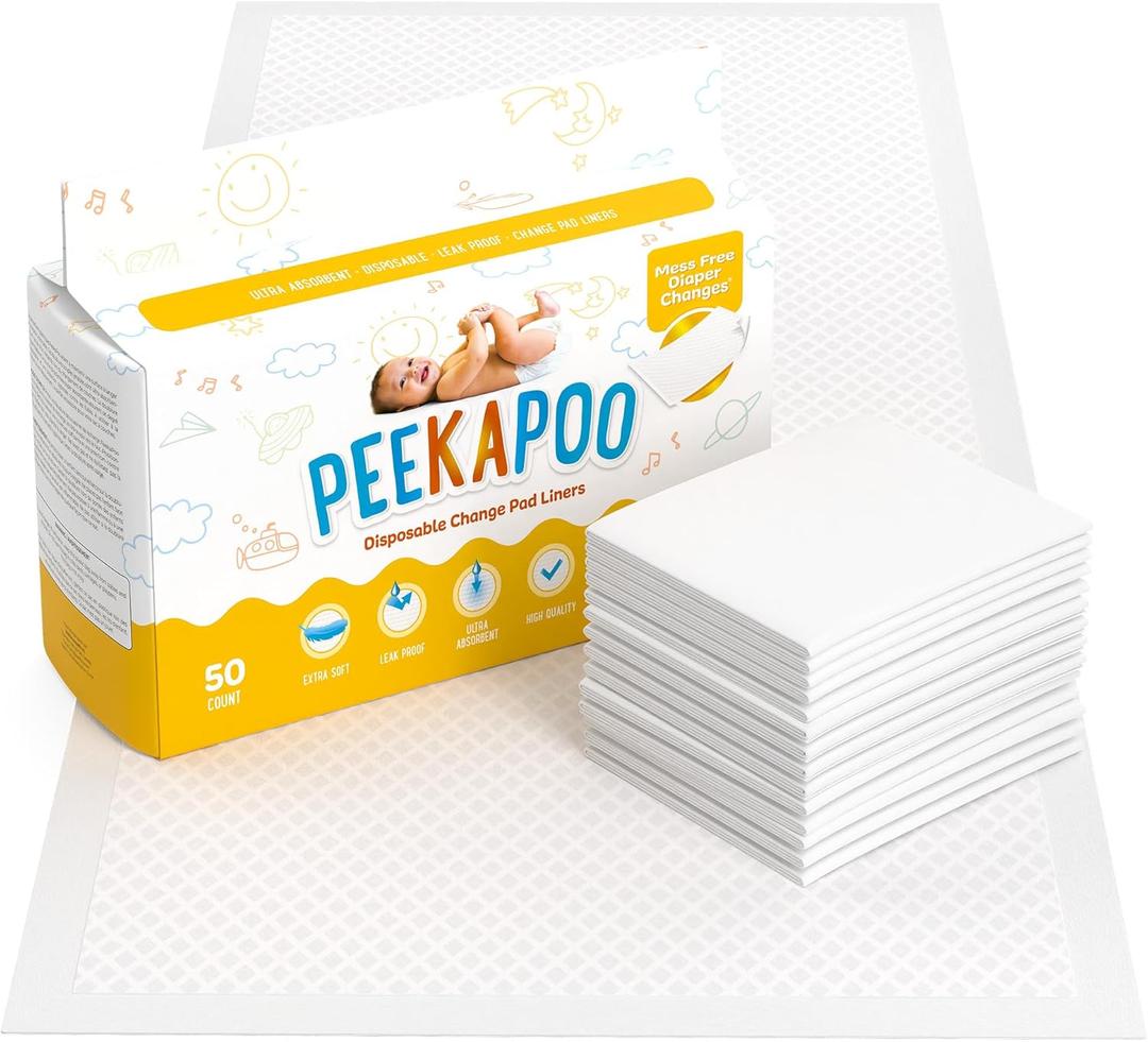 Peekapoo - Disposable Changing Pad Liners (50 Pack) Super Soft, Ultra Absorbent & Waterproof - Covers Any Surface for Mess Free Baby Diaper Changes (23.6x17.7 Inch (Pack of 50))