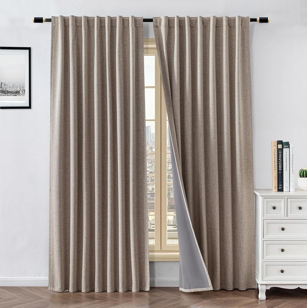100% Blackout Curtains for Living Room, 84 Inch Curtains 2 Panel Set Light Blocking, Back Tab & Rod Pocket Thermal Insulated Drapes Bedroom Windows Home Decor(52W  84L inch, Linen)