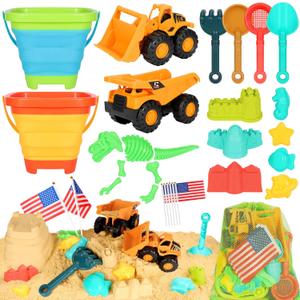 HUITEM Beach Sand Toys for Kids, 29PCS Sandbox Toys with 2 Collapsible Bucket Sand, 2 Dump Truck, Dinosaur Molds, Castle Building Kit, Shovel Sieve,Flags,Mesh Bag Travel Beach Toys for Toddler 3-10