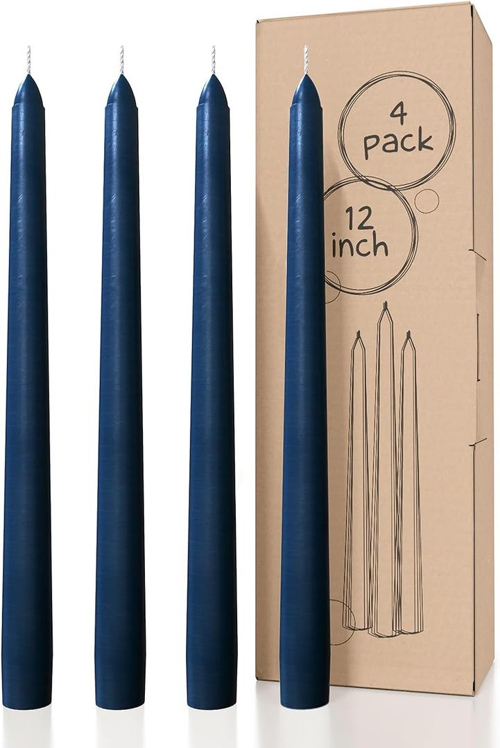 CANDWAX 12 inch Taper Candles - Set of 4 Dripless and Smokeless Unscented Slow Burning Candle Sticks - Dark Blue Candles