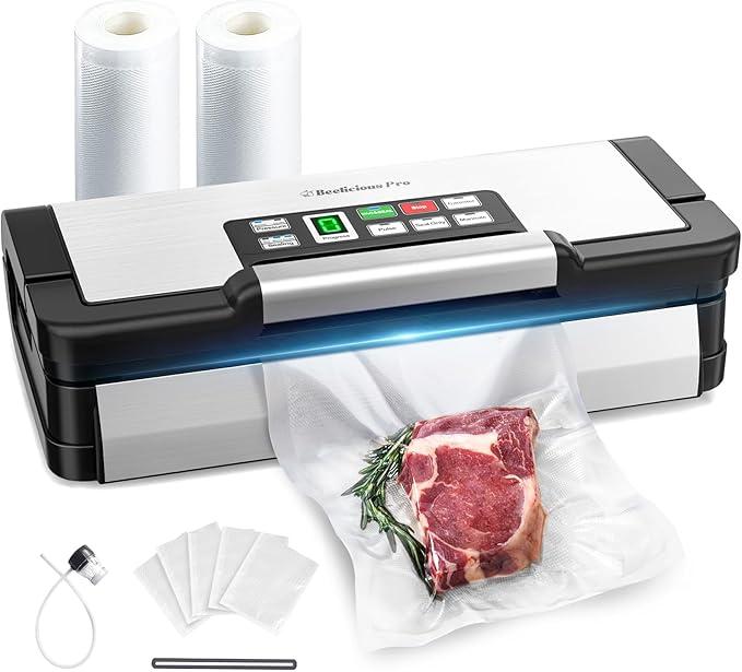 95kPa Vacuum Sealer Machine with AquaLock Technology, for Moist Seals, 2X Seal & 130W, Fully Automatic Food Sealer, Built-In Cutter, Bag Storage & Hose, Precision Sealing, 2 Bag Rolls,Stainless Steel