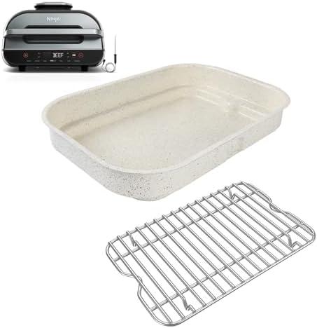 Non-Stick Griddle Pan and Roasting Rack for Ninja FG551/ DG551 Smart XL 6-in-1 Indoor Grill, Upgraded Ceramic Flat Top Griddle & Stainless Steel Grill Steamer Rack for Ninja Air Fryer Accessories, White