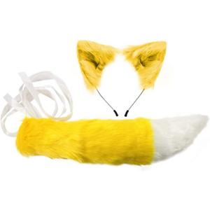 Handmade Fox Wolf Ears Headband and Faux Fur Tail for Halloween Cosplay Party Costume Accessories (Yellow)
