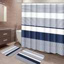 ArtSocket Navy Blue Striped Bathroom Set with Shower Curtain and Bath Rugs and Accessories,Boho Modern Non-Slip Shower Curtain Set,Bathroom Decor 3 Pcs