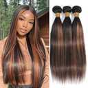 BilltiiWW P1B30 Highlight Straight Hair Bundles #1B Mixed with #30 Two Tone Brazilian Wavy Weave Soft and Silky for Women 12 14 16 Inch