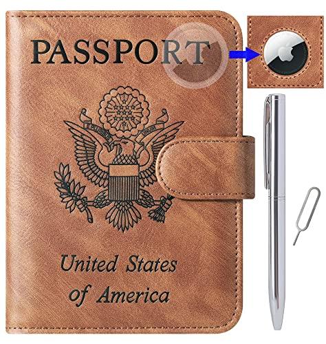 Airtag Passport Holder Cover Wallet Travel Essentials Leather Rfid Blocking Case Vacation Luggage Must Haves Travel Accessories for Men Women (117#Brown)