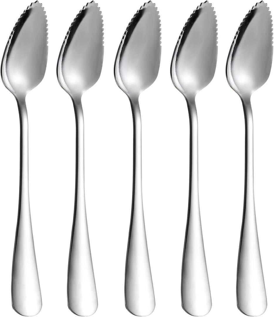 5 PCS Grapefruit Spoons, Stainless Steel Grapefruit Spoon Utensil Set, Serrated Edge & Thick Gauge Handle, Silver Kitchen Tool with Non-stick Plating for Kiwi, Dessert, Apple, Citrus Fruit